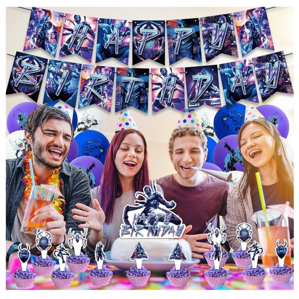 Blue beetle Happy Birthday kit,banner, balloons, cupcake picks. Blue beetle